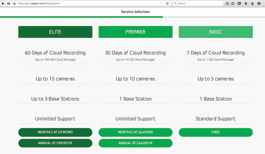 arlo service selection page